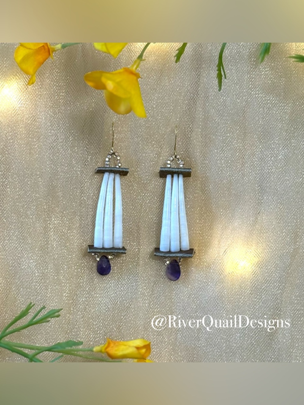 Handmade White Dentalium, Amethyst, Leather Earrings Native Made Indigenous Art - Picture 3 of 3